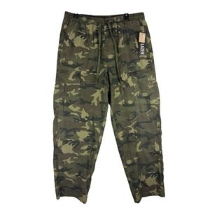LAZER Mens Loose Fit Cargo Pants Green Camo Ripstop Elastic Waist‎ Size L NEW